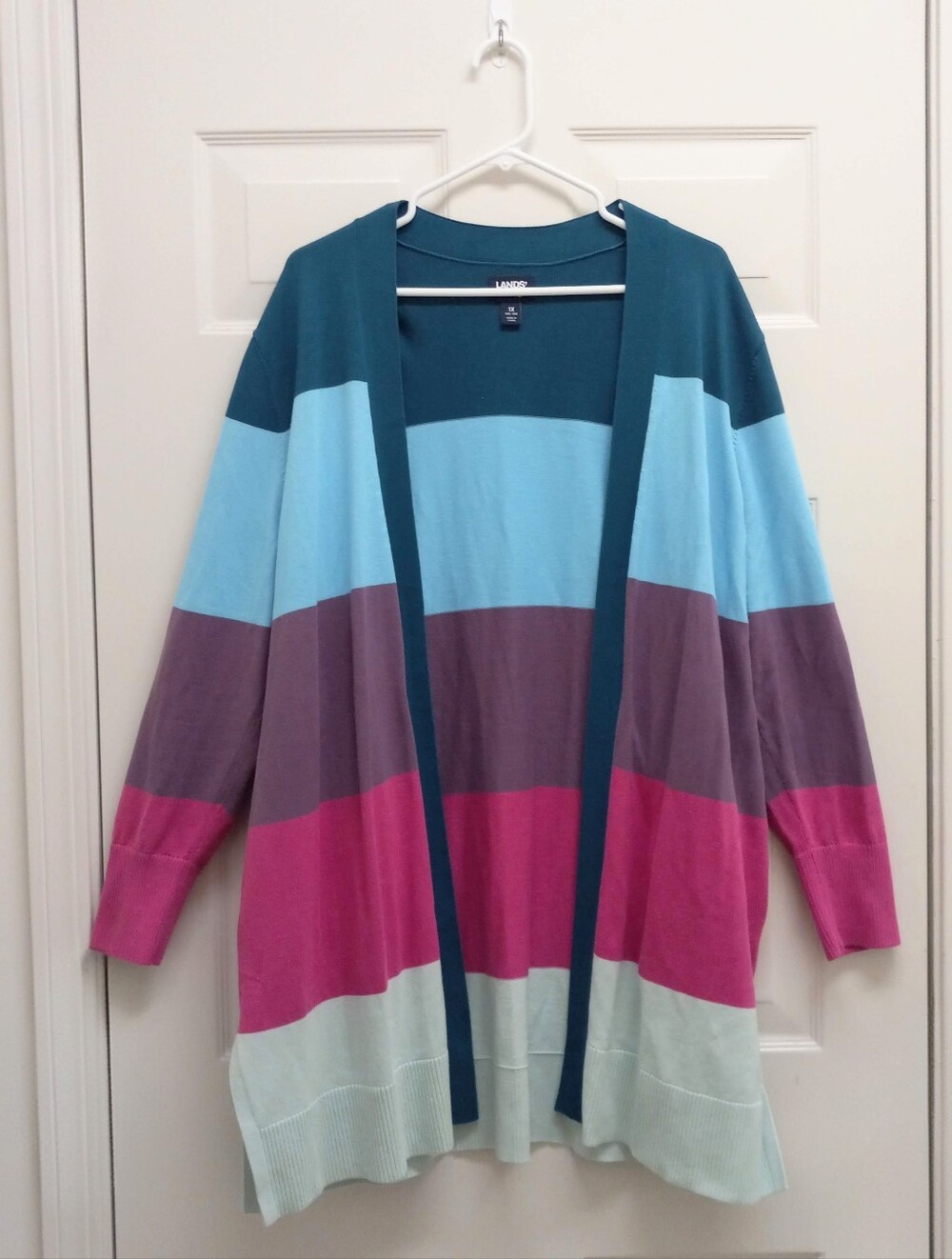 Lands End Open Front Colorblock Stripe Cardigan Sweater 1X 16W 18W Long Pockets
